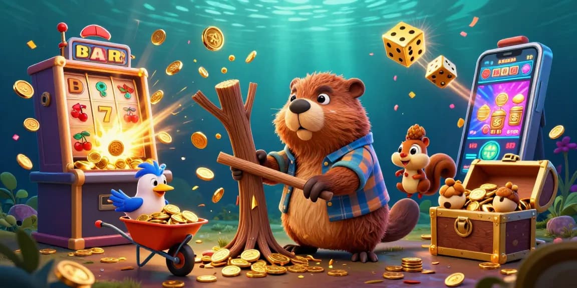 Spinning HITCLUB slots while a cartoon beaver collects gold coins and dice tumble, creating excitement.