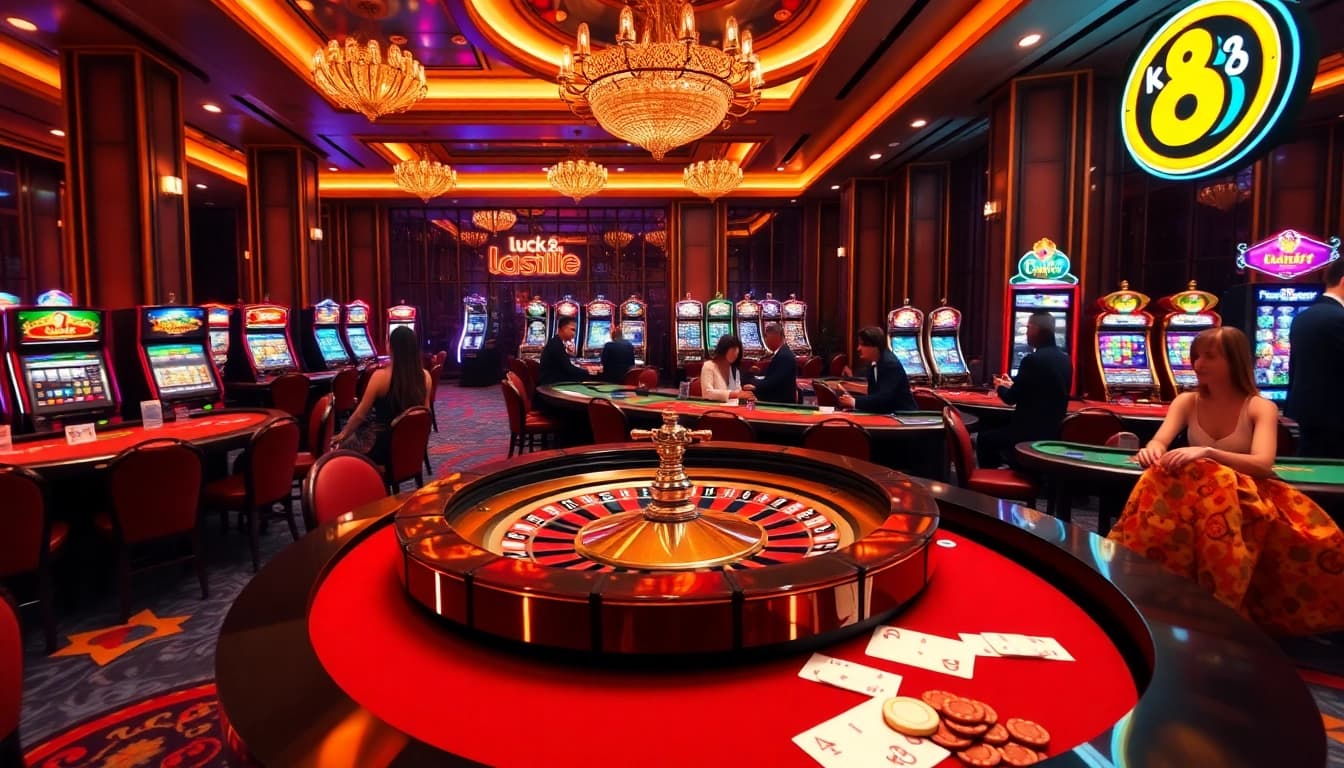 Players enjoying luxury casino games at luck8 with vibrant roulette and dazzling slot machines.