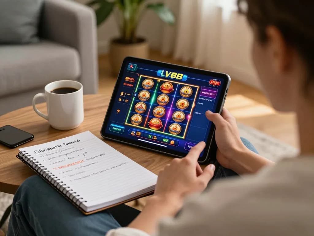 Person playing slots on LV88 tablet in a cozy home setting, showcasing online gambling experience