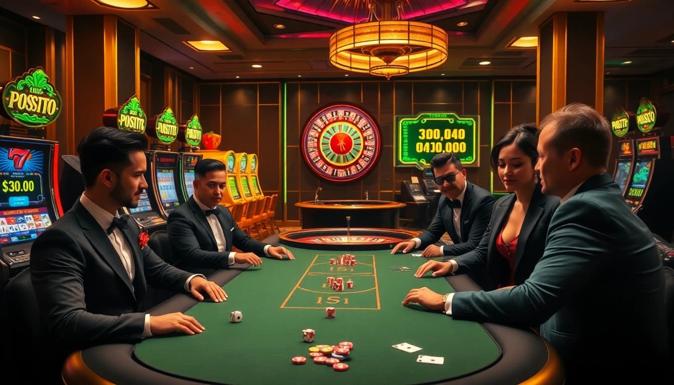 Experience the excitement of gambling with the rr88 link at a luxurious casino setup featuring poker tables and slot machines.