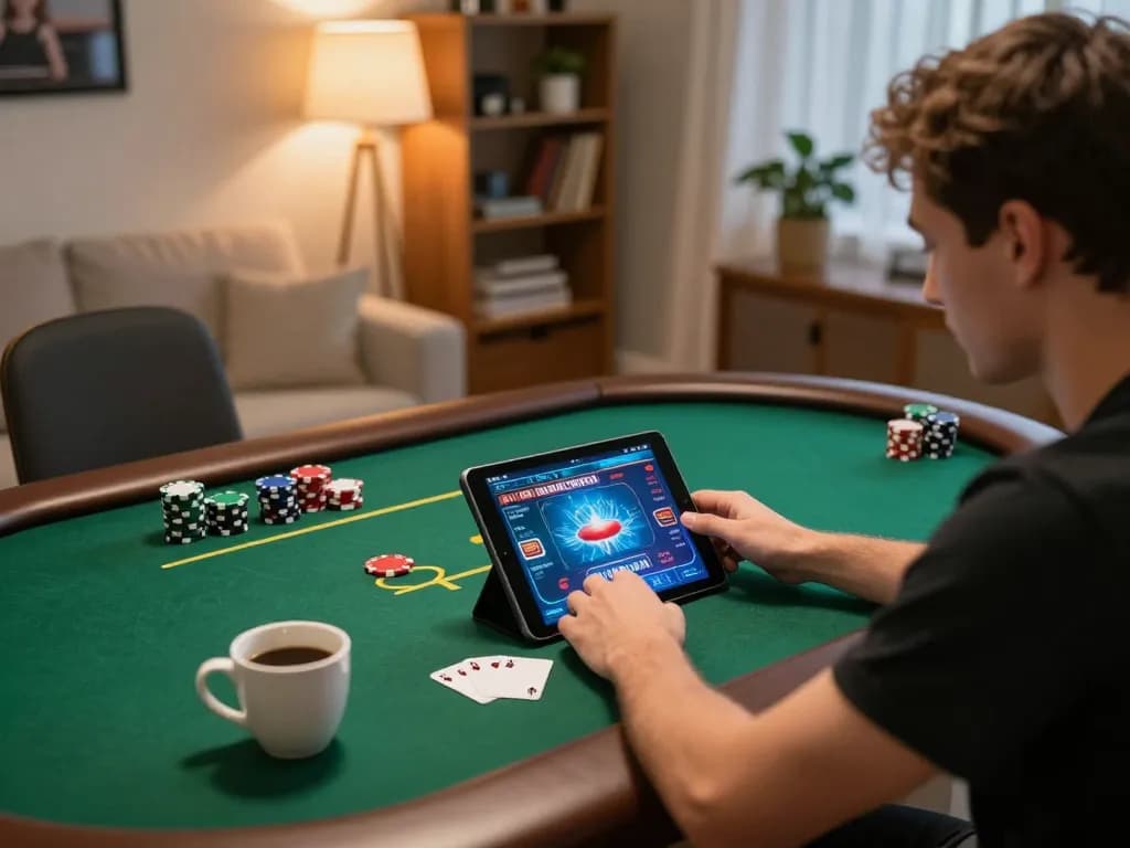 Player enjoying online poker via lc88 app on tablet in a cozy atmosphere.
