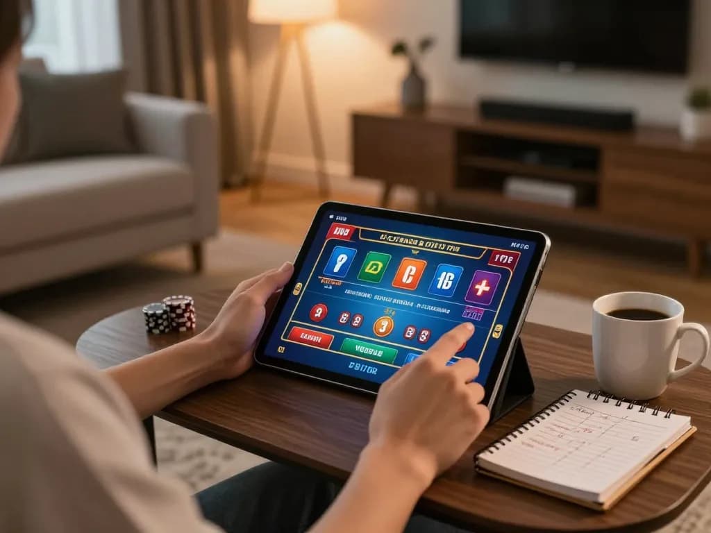 Player engaged with sv368 online casino app on a tablet, cozy home environment.
