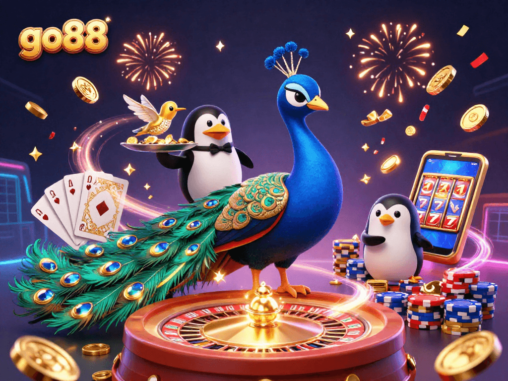 Win big at go88 with vibrant casino-themed 3D illustration showcasing dynamic characters and elements.