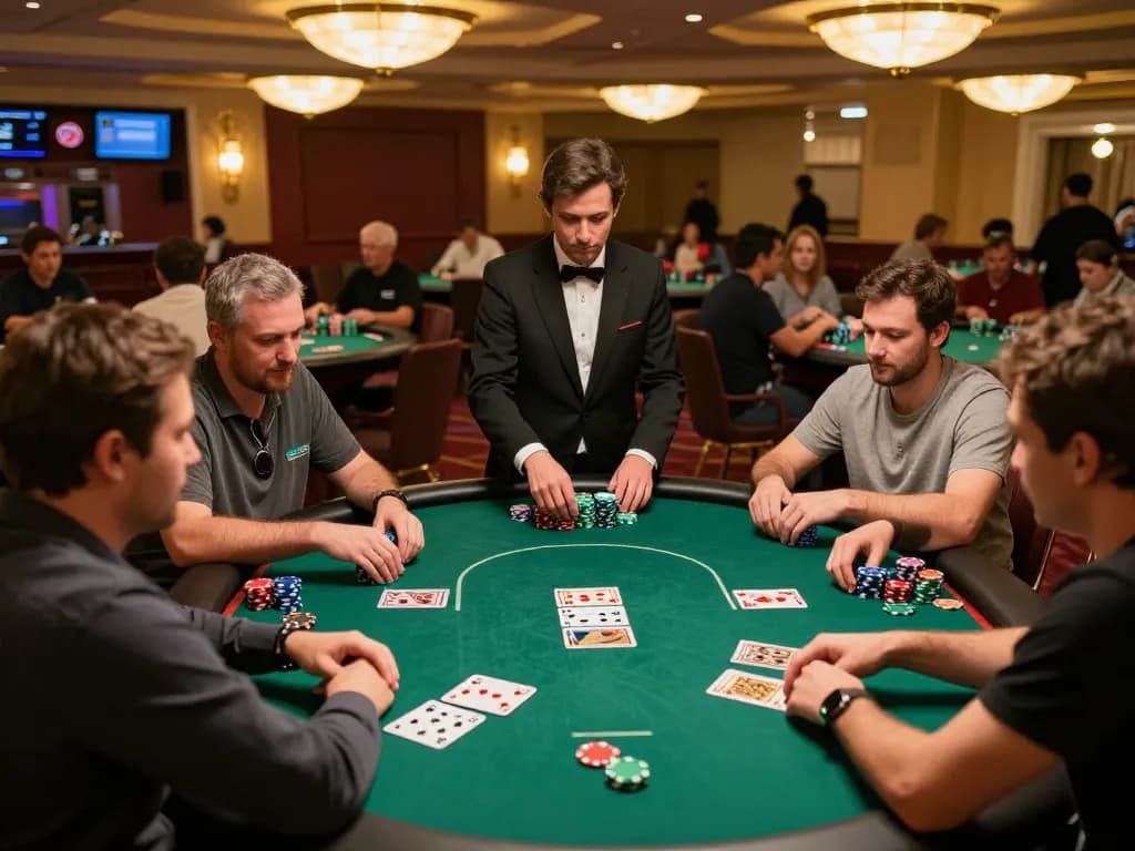 Players enjoying a vibrant poker game at an upscale casino floor showcasing ATQ com gaming excitement