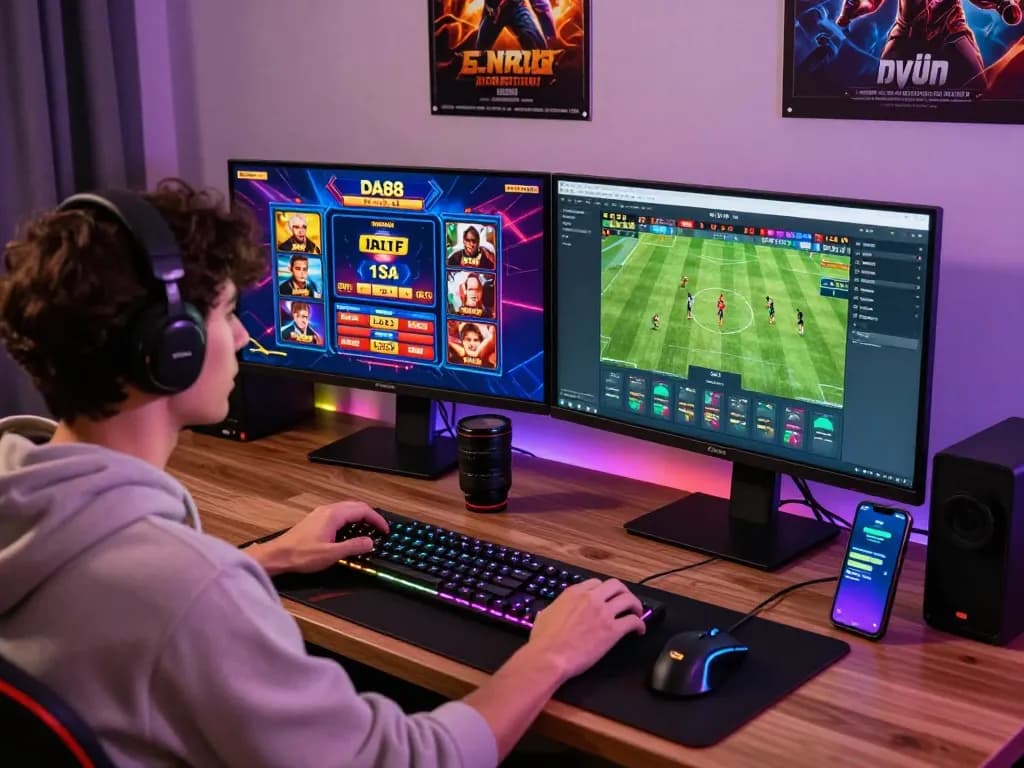 Engaged user interacting with DA 88 online gaming platform on dual screens with vibrant visuals.