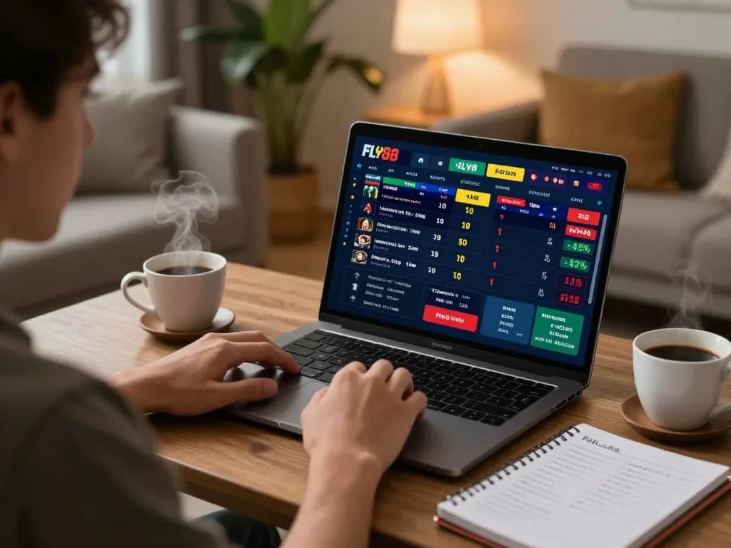 Player utilizing FLY88 app for sports betting in a cozy home setting, highlighting responsible gambling.