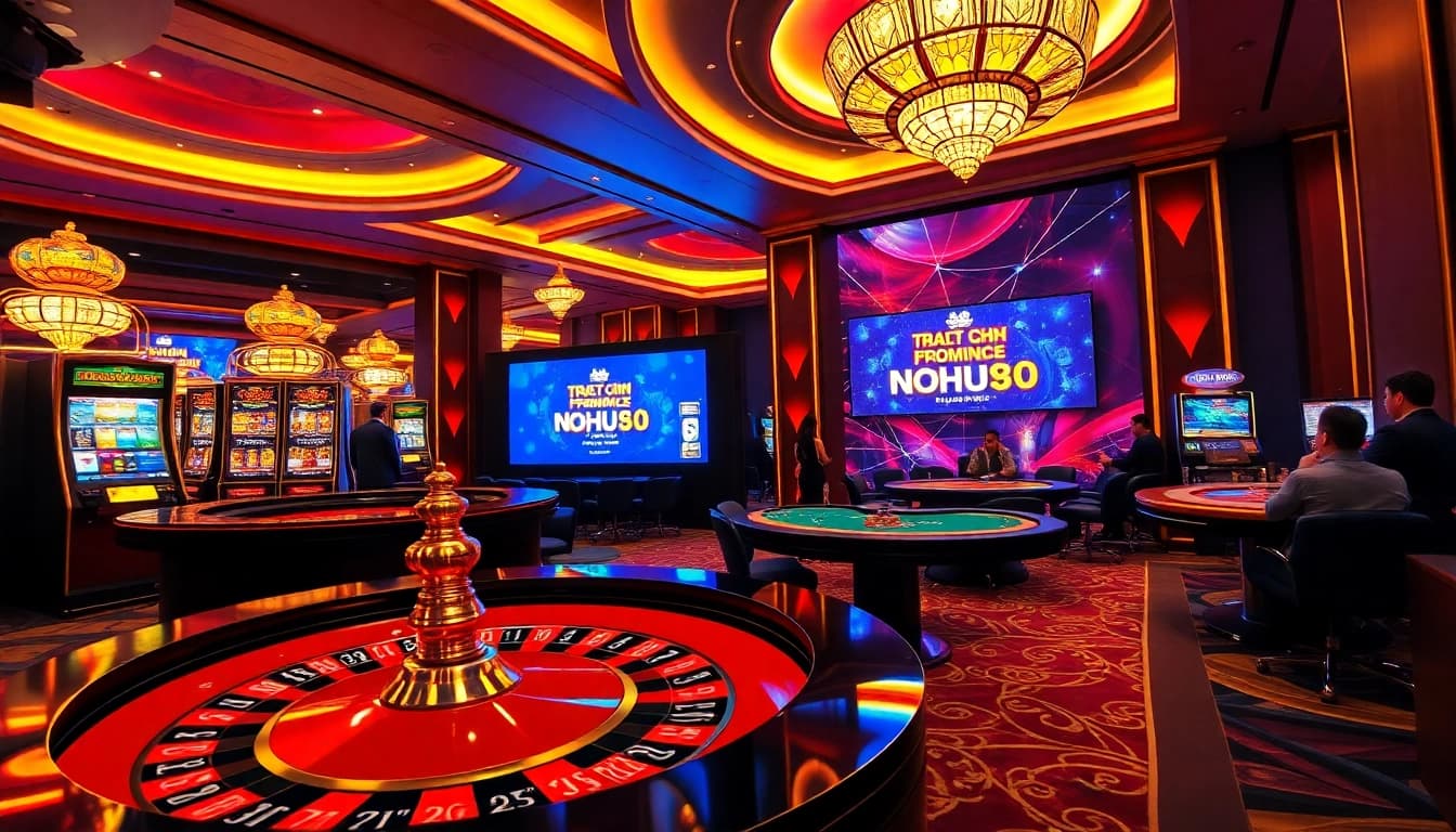 Engage in thrilling gameplay at trang chủ nohu90 on a luxurious casino floor with vibrant roulette and slot machines.