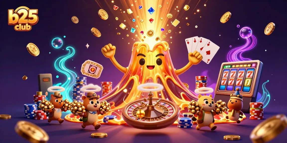 Spin and win at b25club with exciting slot machines and a golden volcano scene!