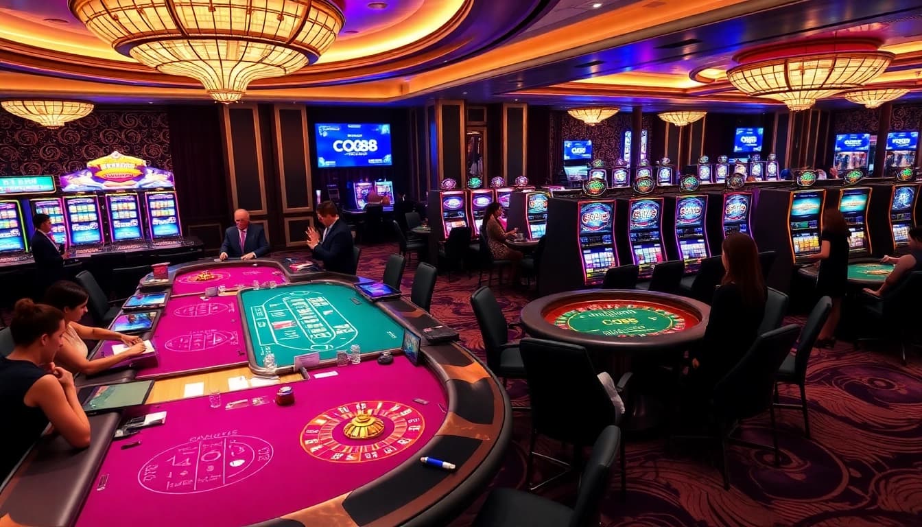 Engaging atmosphere at co88 nhà cái with players enjoying live dealer games and vibrant slot machines.