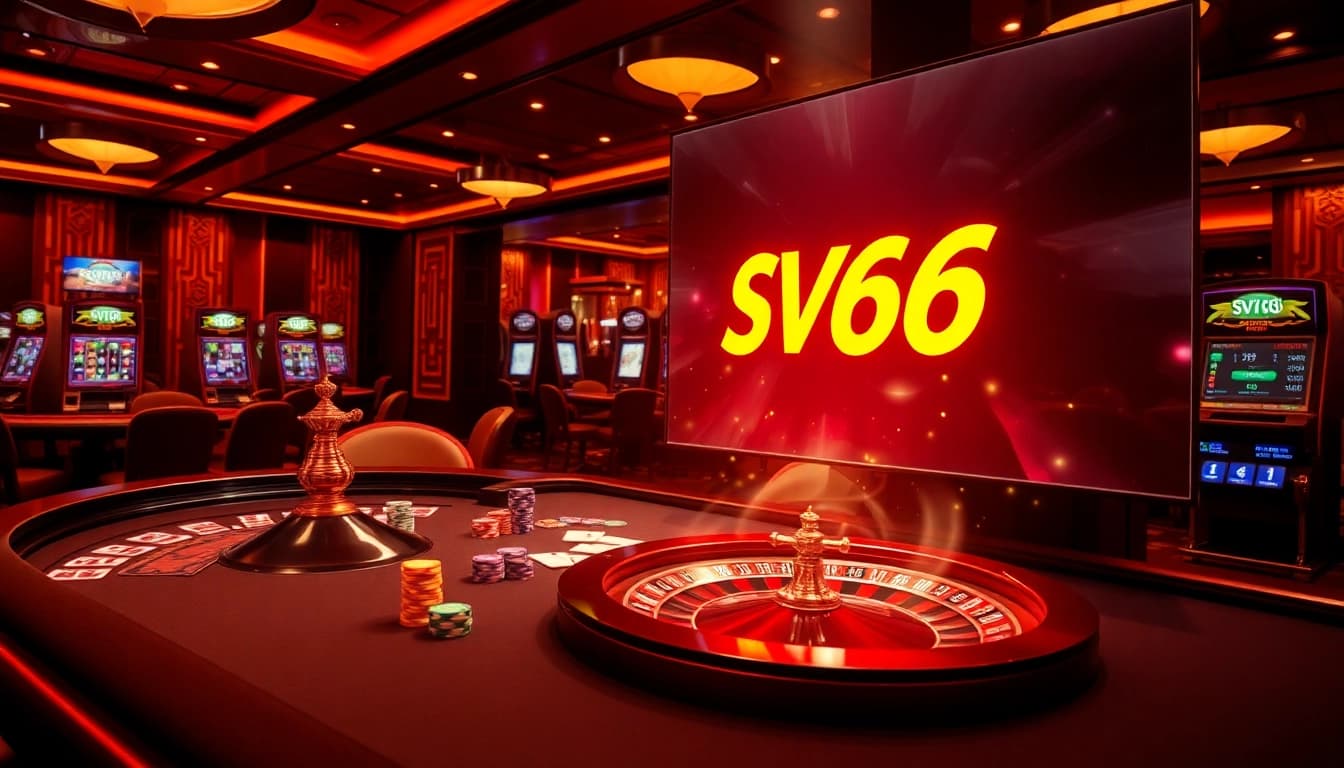 Engage in high-stakes gaming at SV66 with vibrant casino visuals featuring poker tables and roulette wheels.