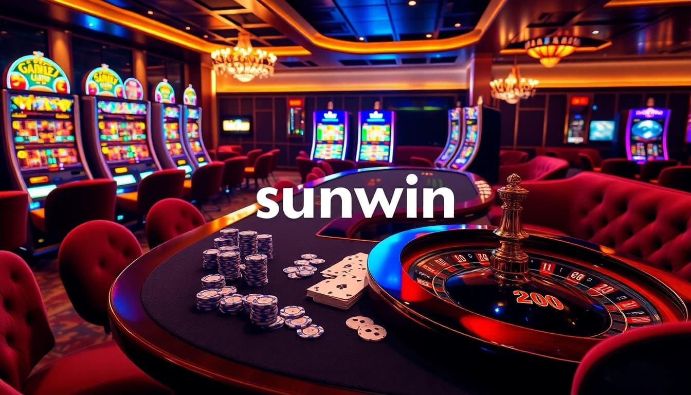 Experience sunwin's thrilling casino environment with vibrant visuals of poker chips and a roulette wheel.