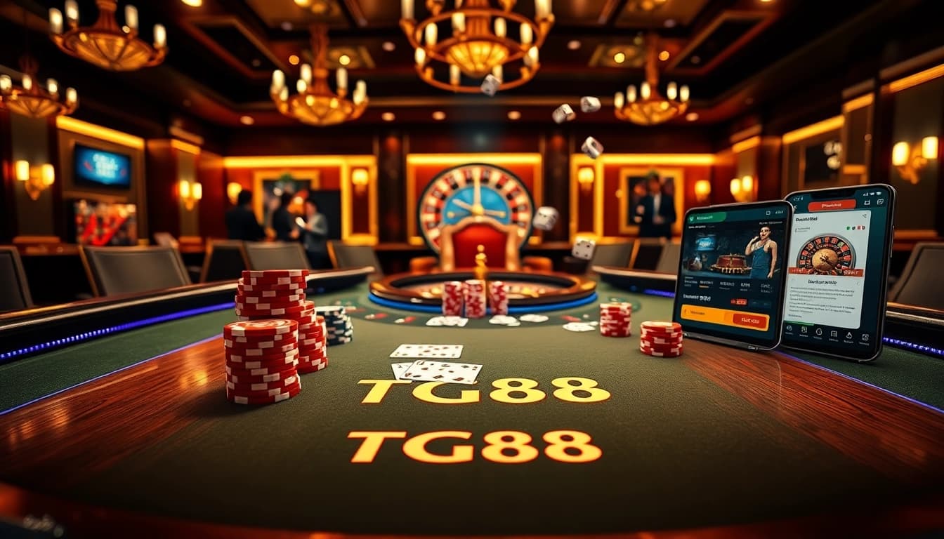 Engaging TG88 casino scene displaying strategic card dealing and vibrant poker chips at a professional gaming table
