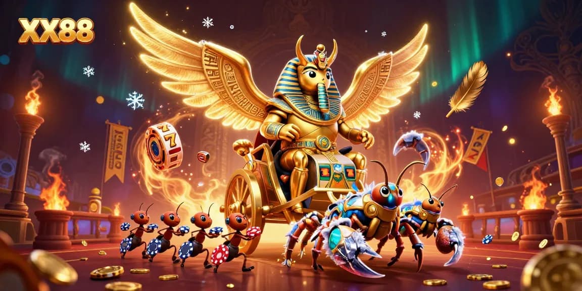 Experience thrilling gameplay with XX88 in a dynamic casino scene filled with golden scarabs and rich elements.