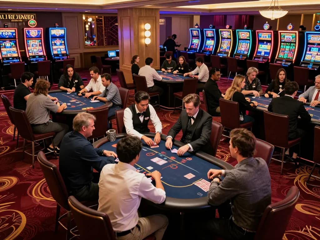 Experience thrilling gameplay at KK Win, featuring active poker tables amidst vibrant casino ambiance.
