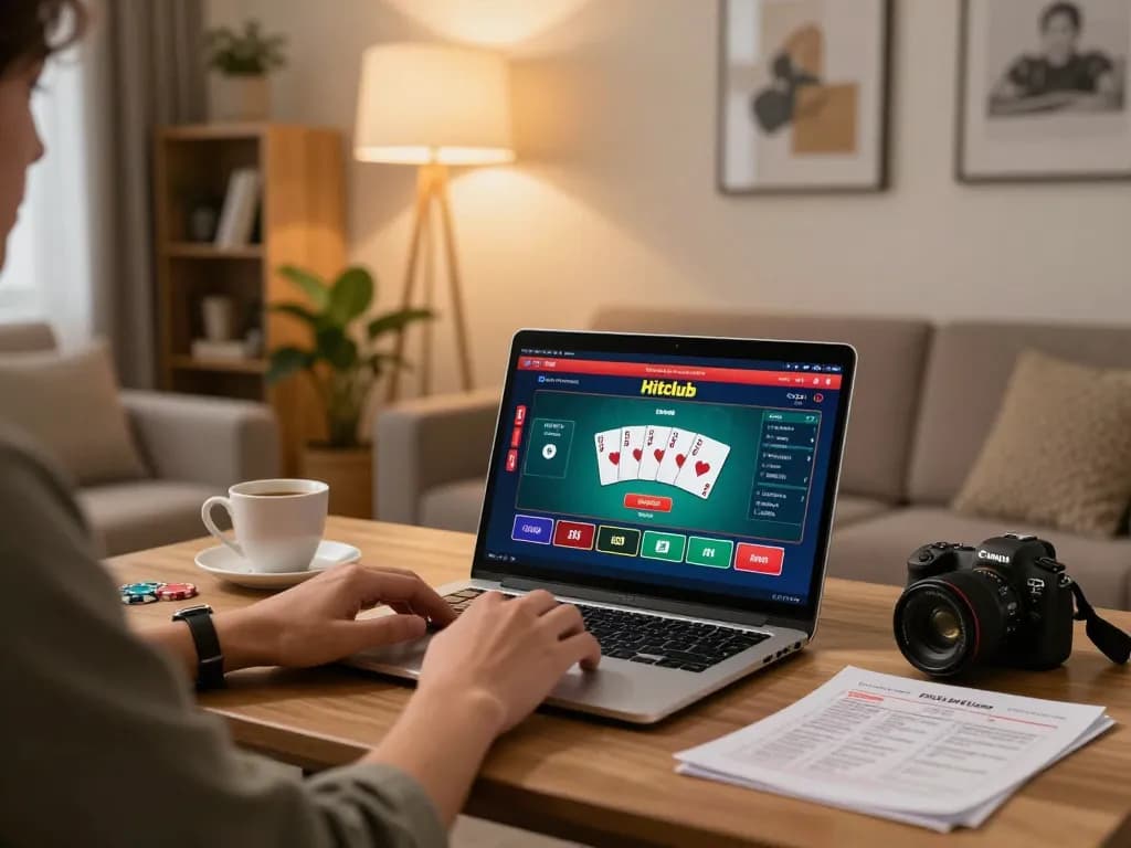 Engaged player enjoying Hitclub's poker game on a laptop in a cozy home environment.