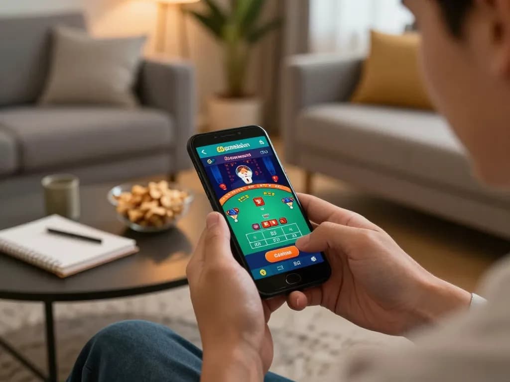 Engage in thrilling mobile gameplay with 68gamebaivn app in a cozy setting.