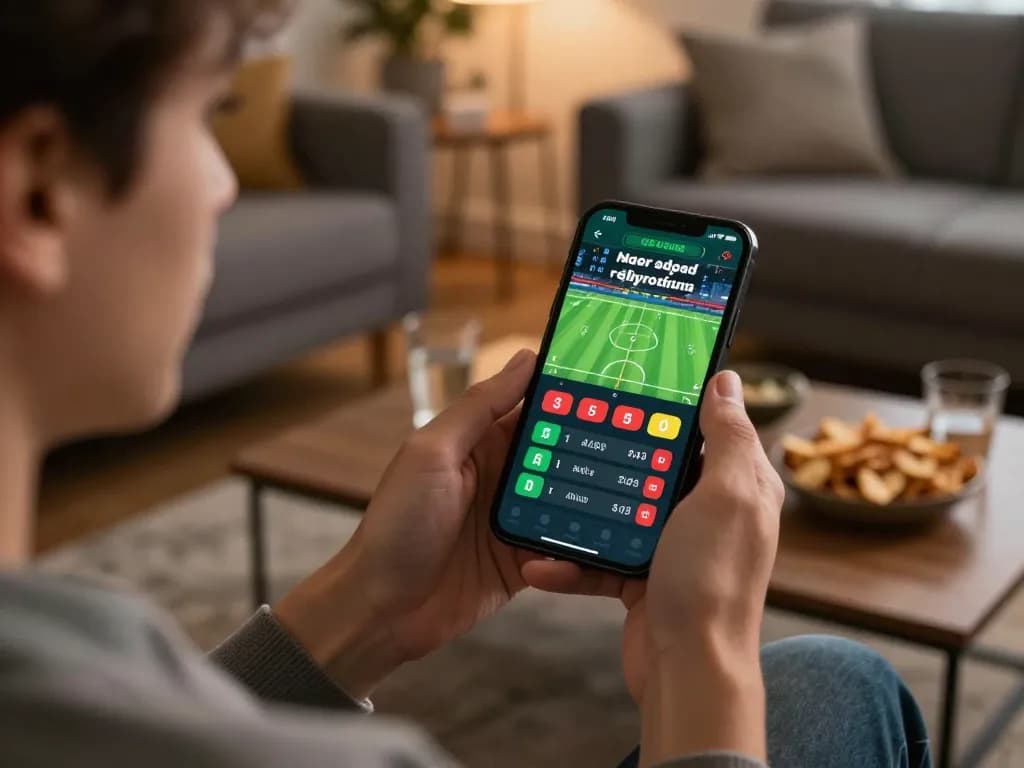 Betting on Tỷ Lệ Kèo in a sports app, with an excited player in a cozy setting.