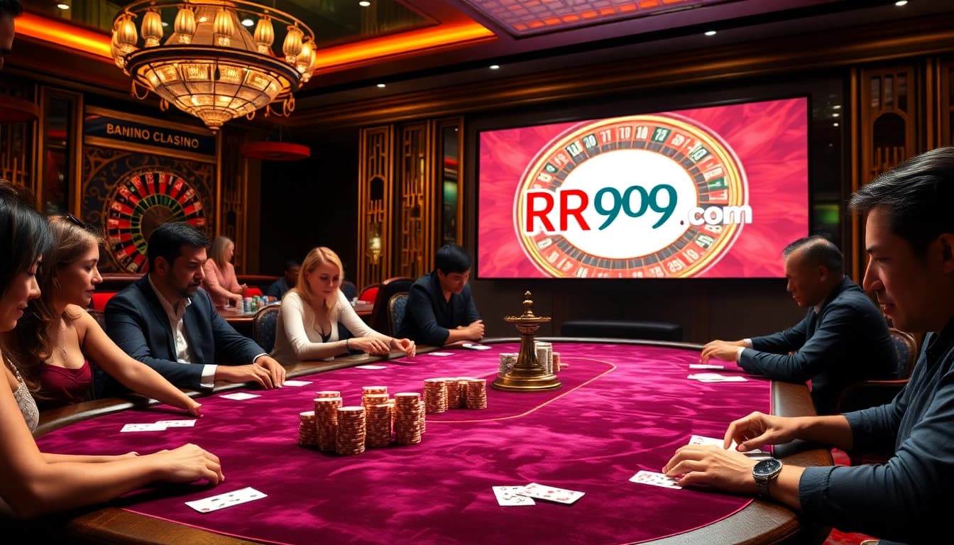 Betting action at RR99.com with luxurious poker tables and vibrant roulette wheel in a casino.