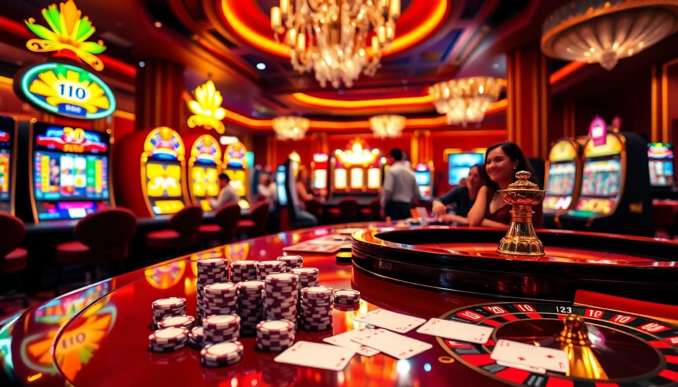 NK88 casino scene showcasing poker chips and a vibrant roulette wheel for an exciting gaming experience.