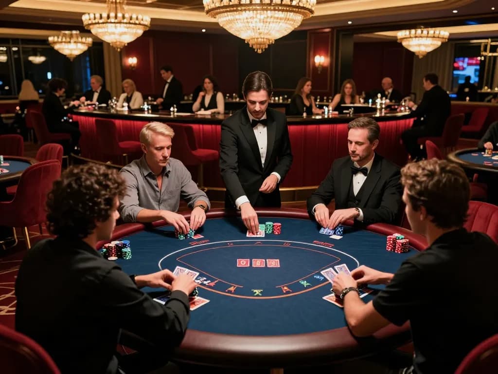Ok9 players engaging in high-stakes poker in a luxurious casino VIP area