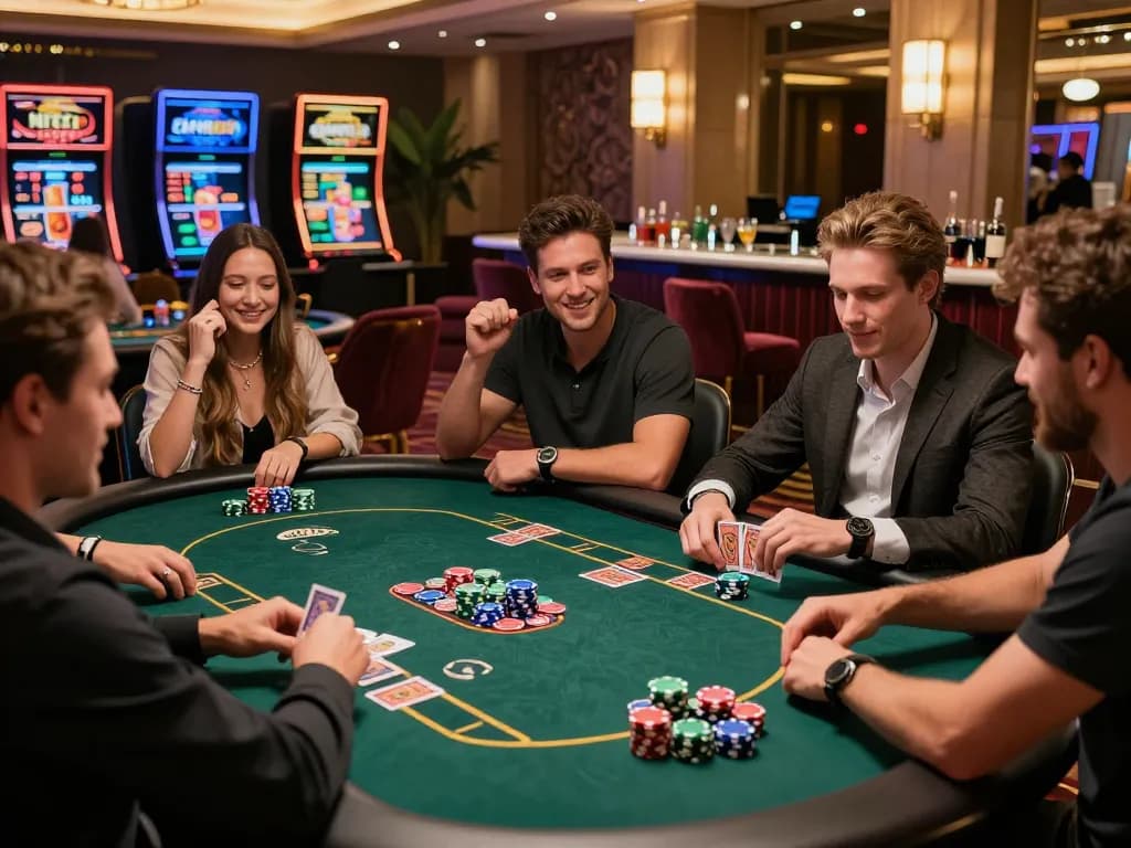 Friends playing at a casino table showcasing gem88 excitement and vibrant atmosphere