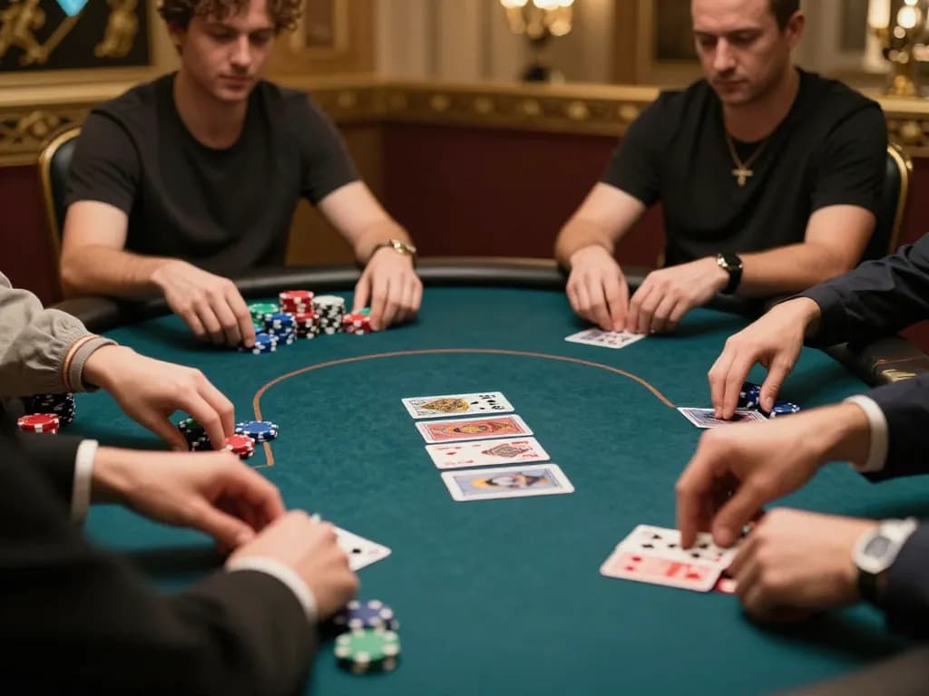 Players engaged in a suspenseful poker game at qh88go online casino, emphasizing strategic gameplay.