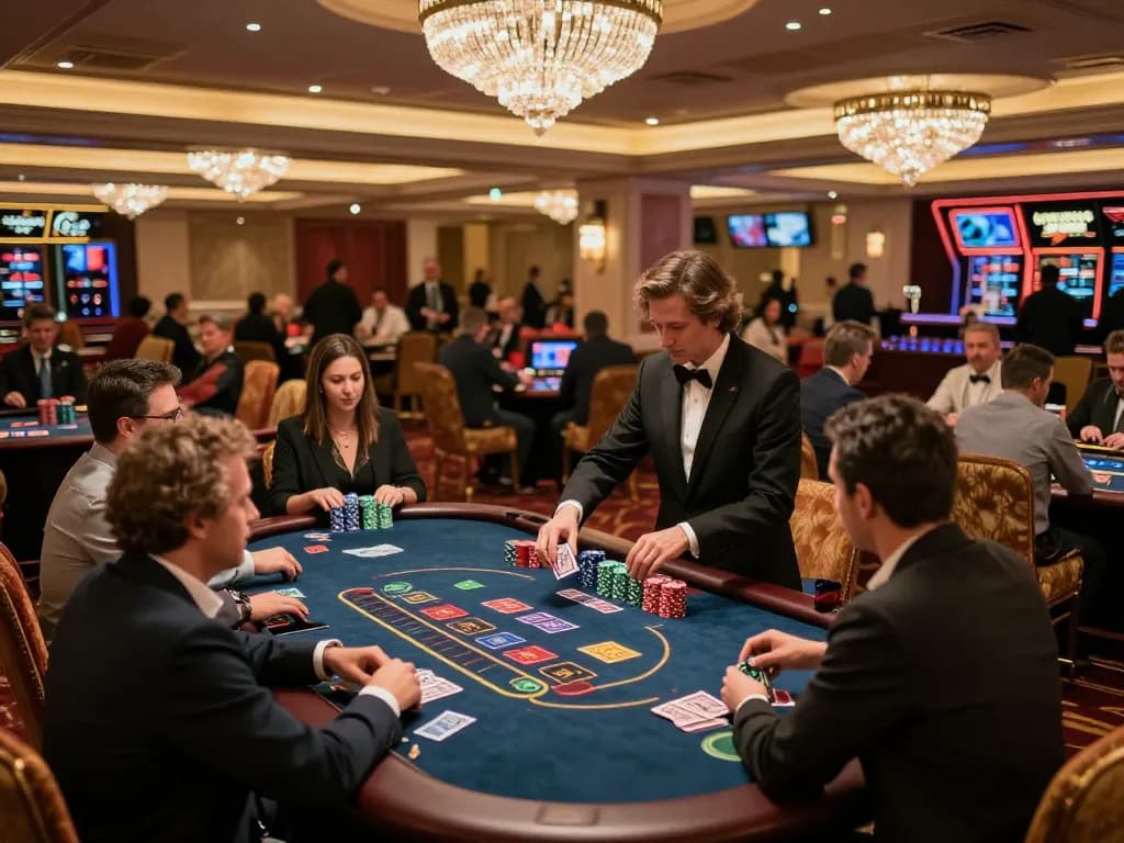 Players enjoying blackjack at an upscale casino table, highlighting S666 strategy in play.