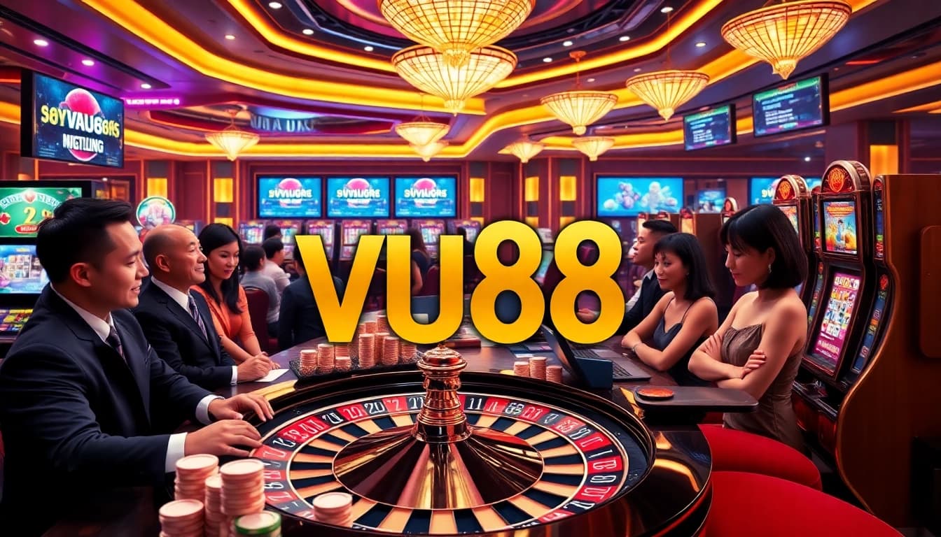 Players enjoying a thrilling game at VU88 casino, featuring roulette and poker chips.