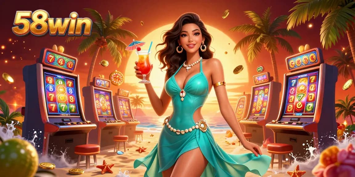 Experience the vibrant casino atmosphere at 58win with colorful slot machines and glamorous gaming elements.