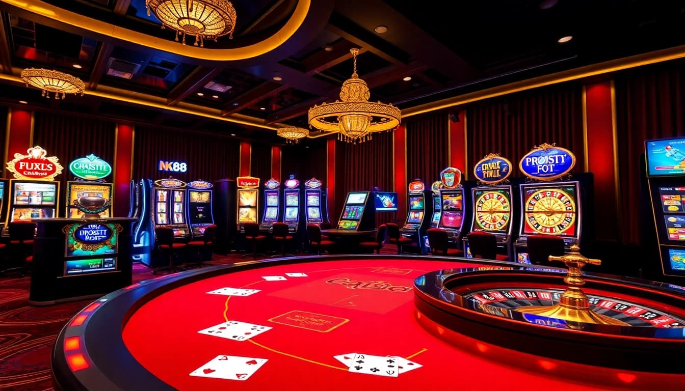 Experience the excitement of nk88 com with a luxurious casino scene featuring poker chips and vibrant slot machines.