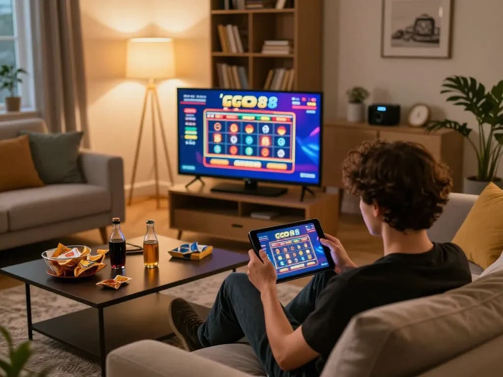 A person enjoys immersive gaming on the go 88 online casino app in cozy living room atmosphere.