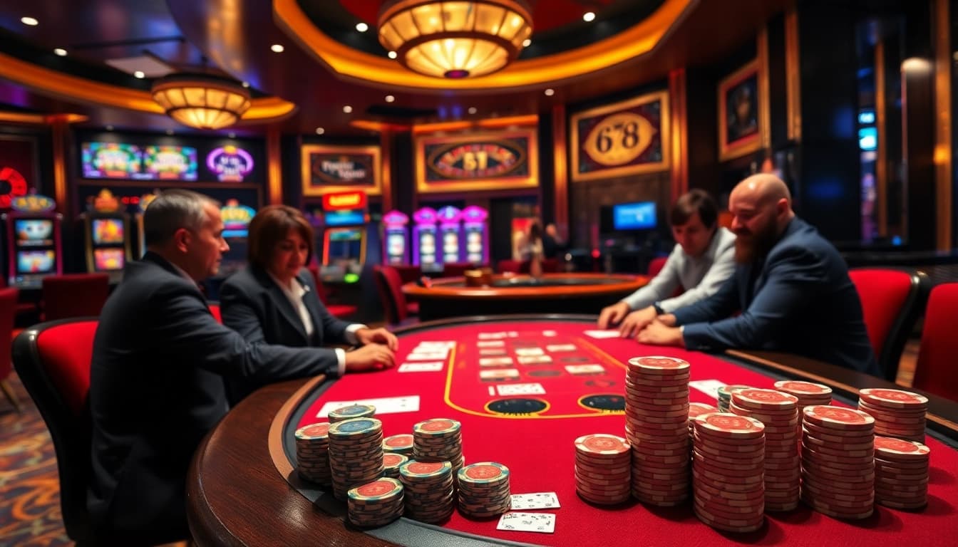 Players engaging in a high-stakes poker game at 678VIP casino, showcasing excitement and luxury.
