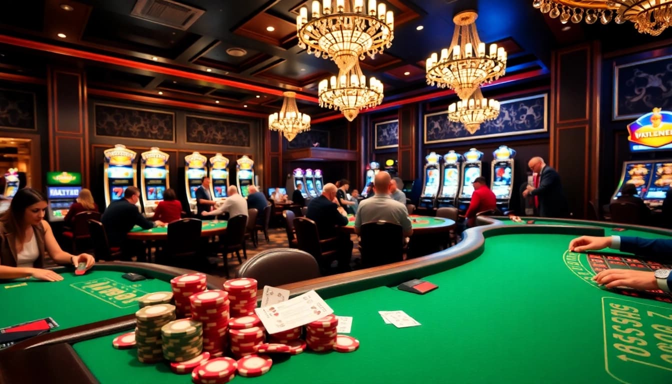 Experience thrilling gambling action at Du88.ad with vibrant casino tables and colorful poker chips.