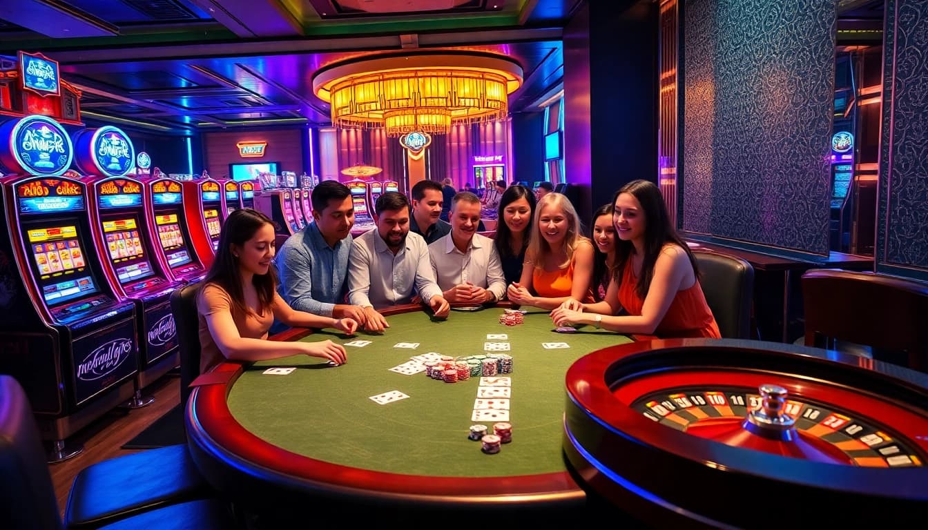 Action-packed casino scene at AA88 with poker players and vibrant slot machines.