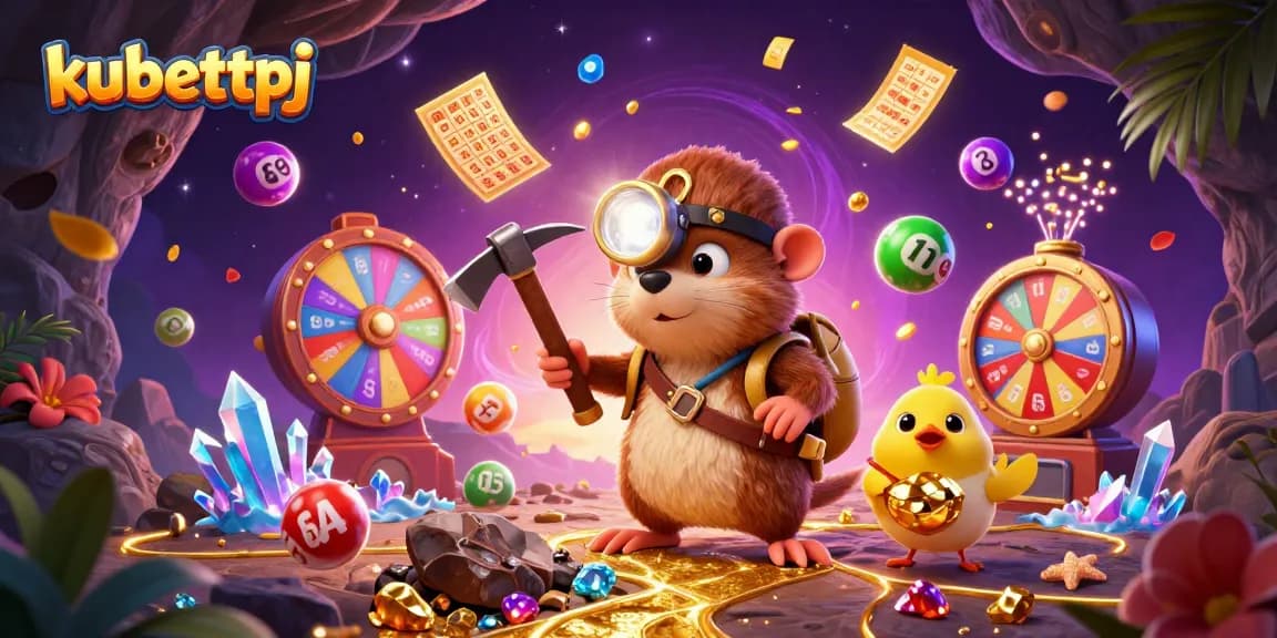 Kubettpj highlights thrilling lottery action with vibrant balls and animated treasures in a dynamic casino scene.