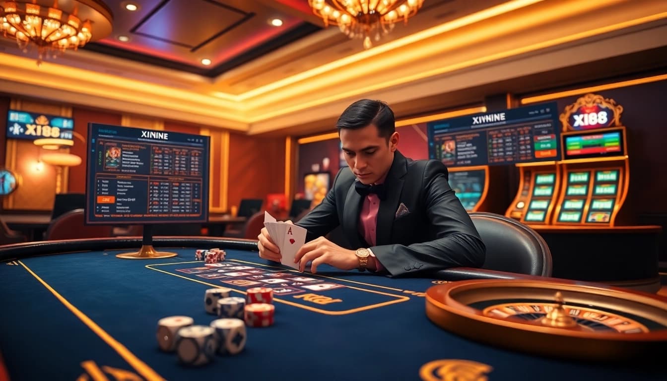 Players engaging with Xin88's thrilling online casino experience, showcasing cards and chips.