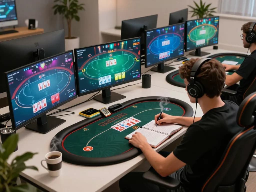 Players strategizing poker at https://tx88at.com/ during an engaging online tournament in a modern home setup