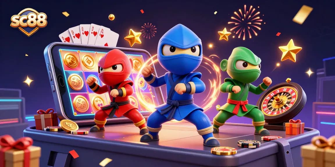Join the action at sc88 with a team of ninja chameleons showcasing intense gaming skills amidst vibrant slot machines and casino elements.
