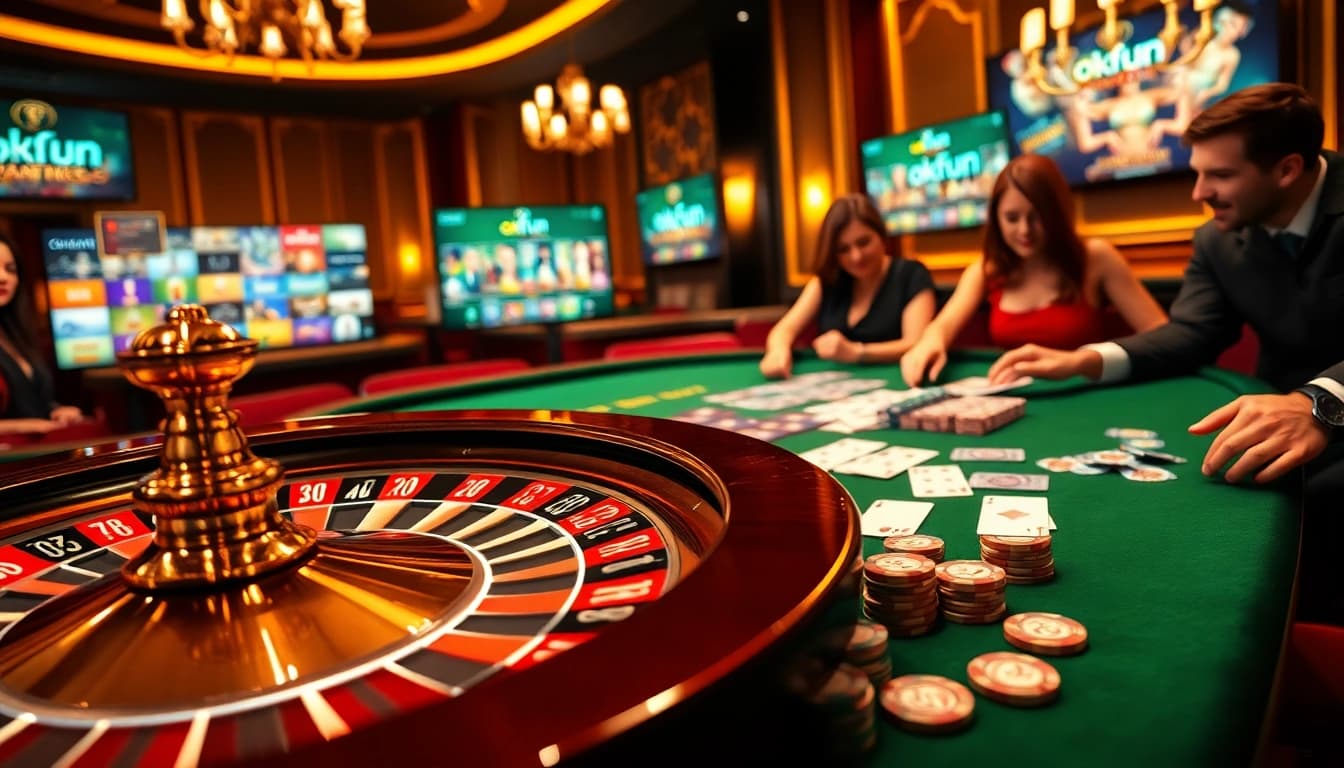 Engaging scene of players excitedly enjoying okfun games at a sleek casino table with illuminated roulette.