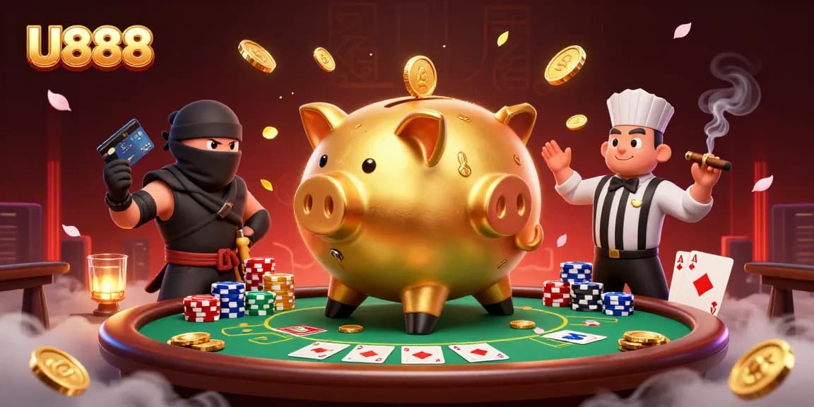 Engage with U888's thrilling poker scene with a massive piggy bank wrestler and colorful poker chips!
