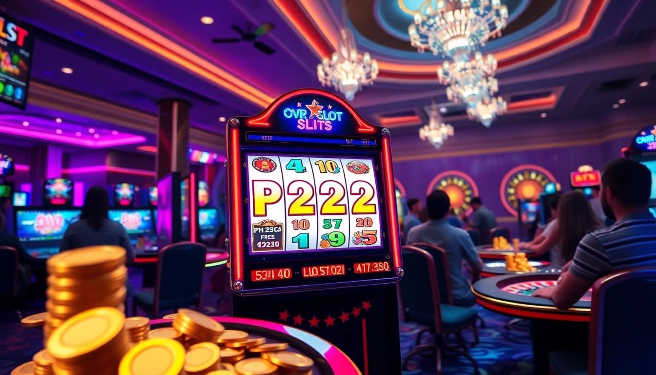 Engaging players at a PH222 slot machine in a vibrant online casino atmosphere.