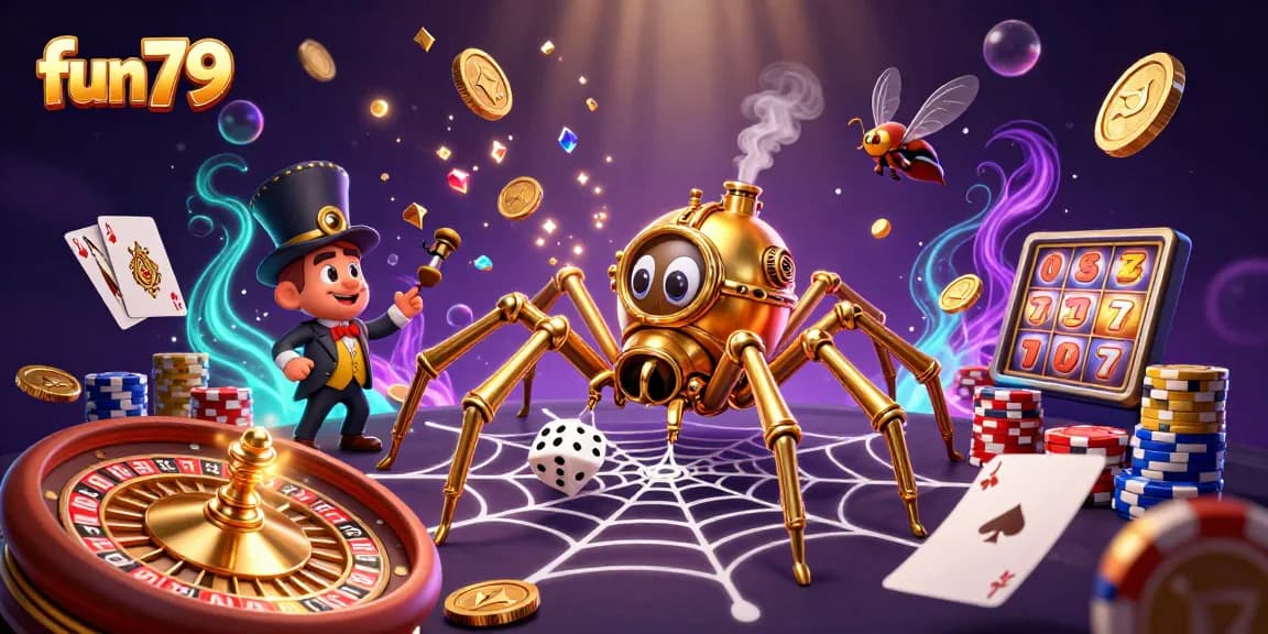 Experience fun79 casino excitement, featuring a golden spider, coins, and roulette elements.