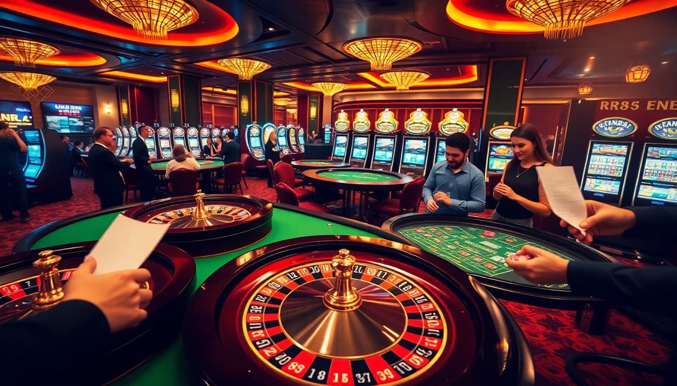 A vibrant casino gaming scene with players enjoying roulette and poker, highlighting https://rr88c.org/ for an exciting atmosphere.