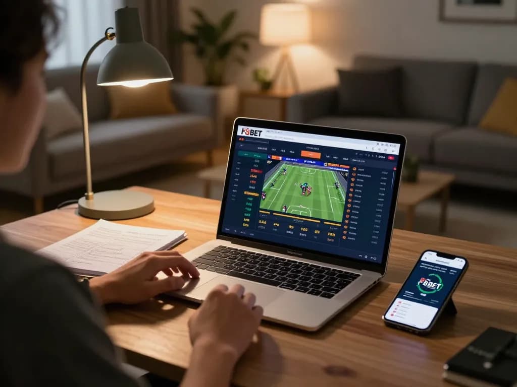 Engaged bettor analyzing F8BET odds at home, showcasing responsible gaming