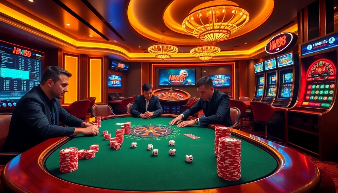 HM88 professional poker game featuring live betting, chips stacking, and roulette wheel action in a luxurious casino setting