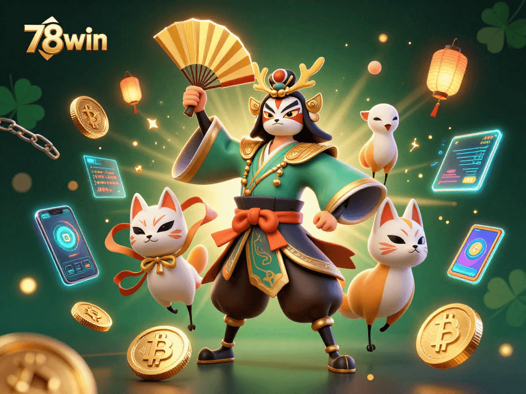 Experience the thrill of 78win with vibrant characters and digital casino elements in a captivating scene.