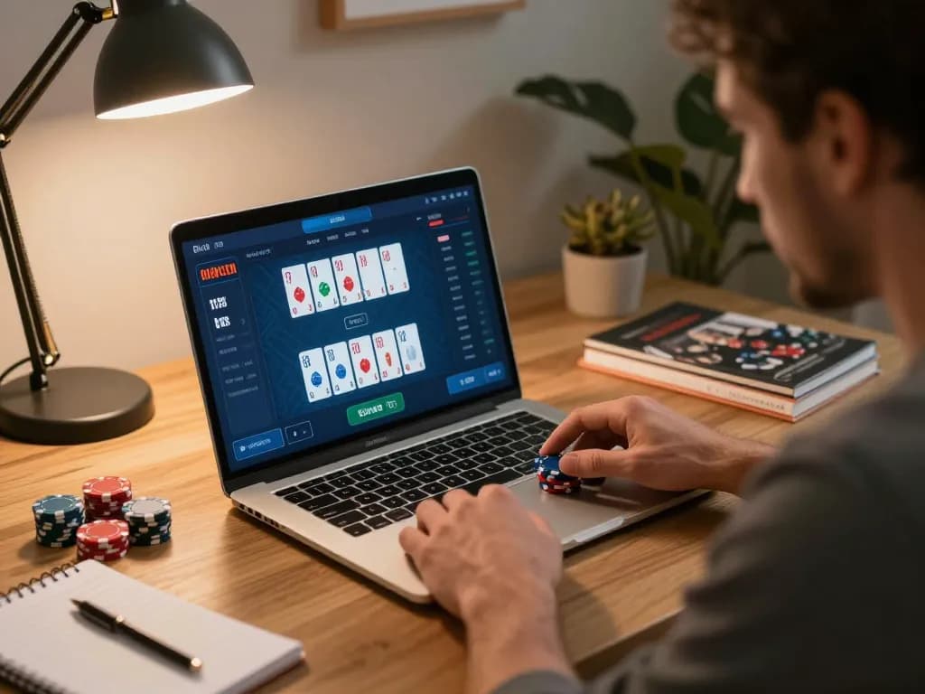 MM88 player concentrating on poker game during online session at stylish home office.