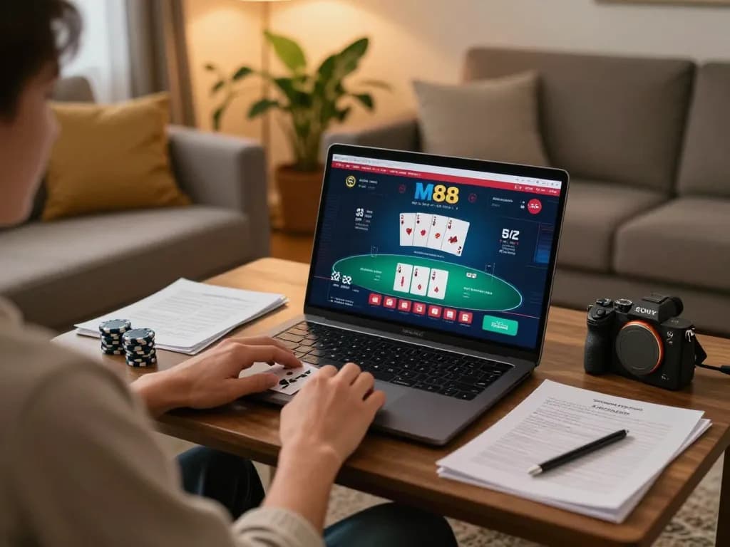 Engaged player at home using M88 for online poker gaming, showcasing comfortable atmosphere and strategic notebook.