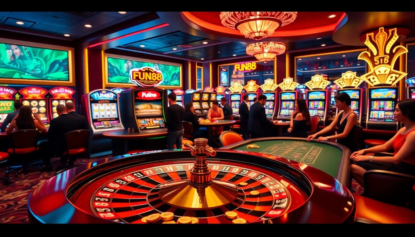 Players enjoying thrilling games at a FUN88 casino, featuring roulette, poker, and elegant atmosphere.