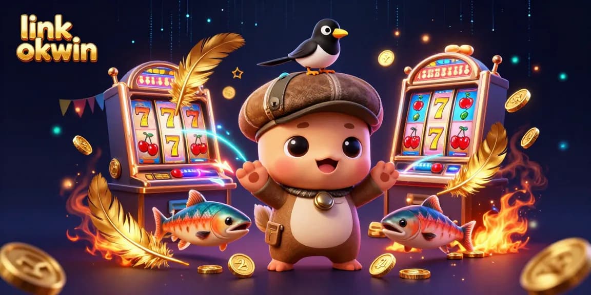 Spin and win with link okwin in this vibrant casino scene featuring playful characters.